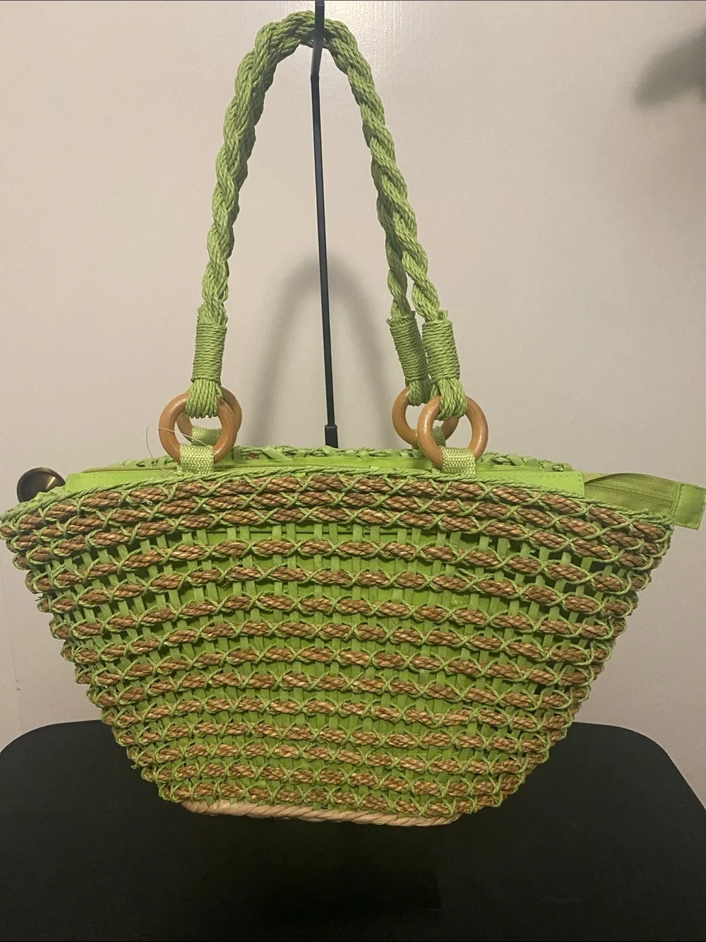 Chico’s Green Woven Straw Tote Bag with Braided Handles